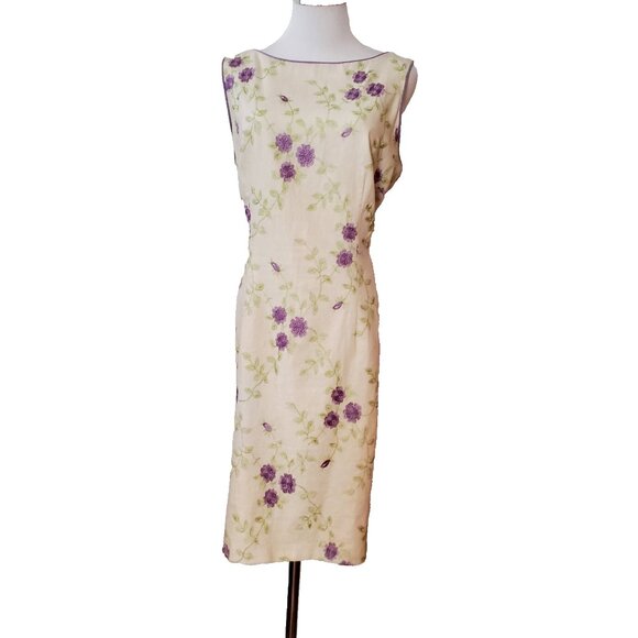 Sherri Martin Linen Blend Sheath Dress Sleeveless Ecru Lavender Green Embroidery - Picture 1 of 9